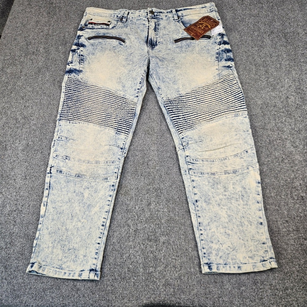 Akademiks Jeanius Biker Moto Jeans Mens 38x30 River Wash Acid Ribbed A12JN07